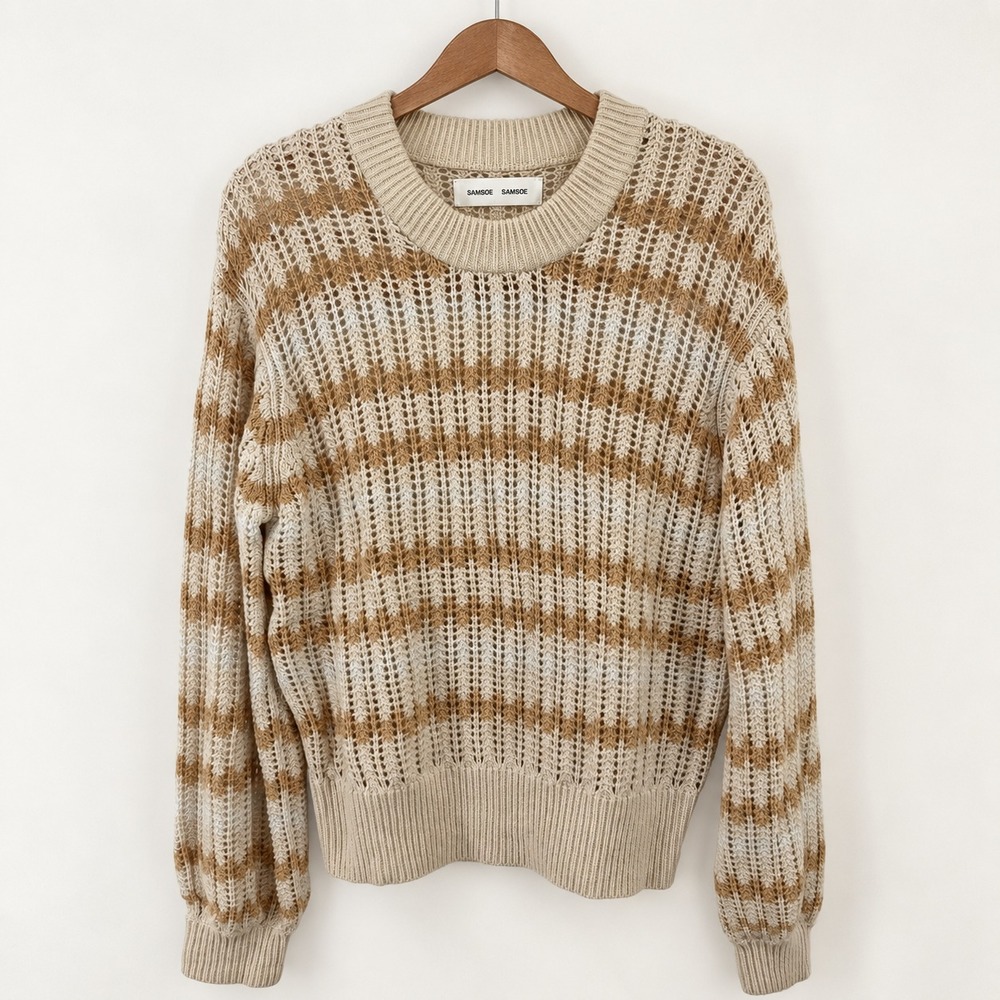 Samsoe Samsoe Awa Knit Sweater Womens Medium Warm White Striped Wool Cotton